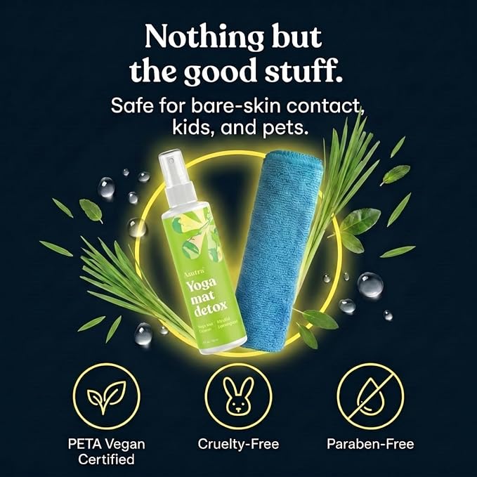 ASUTRA Yoga Mat Cleaner Spray (Mindful Lemongrass), 4 fl oz - No Slippery Residue, Organic Essential Oils Deep-Cleansing for Fitness Gear & Gym Equipment, Microfiber Towel Included
