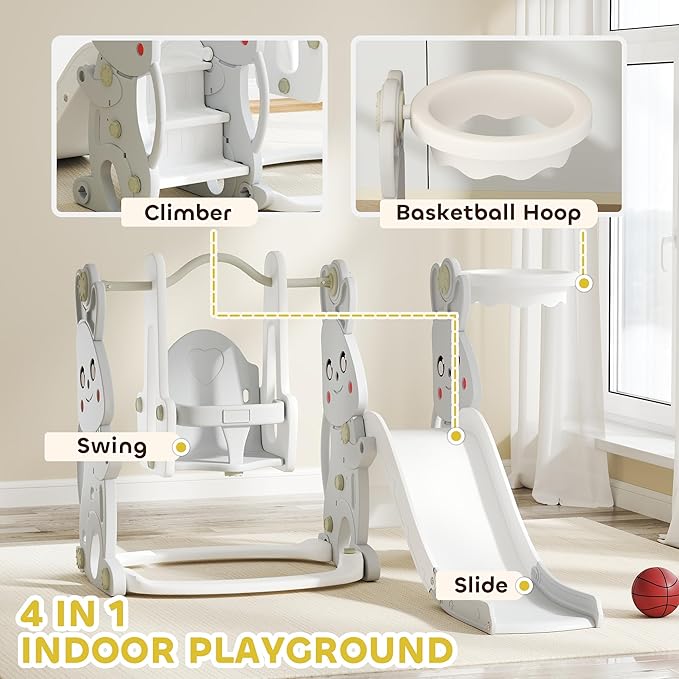Qaba 4 in 1 Toddler Slide and Swing Set, Kids Playset for Ages 1.5-4, Rabbit Themed Children Slide Playground with Climber, Basket Hoop, for Indoor Outdoor Backyard, Gray