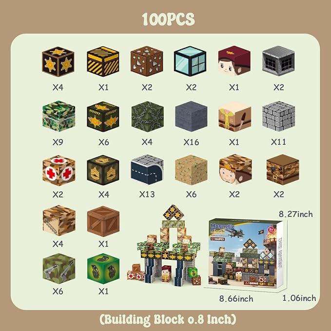100PCS Magnetic Building Blocks,Magnetic Tiles Military Army Toy for Kids Ages 3 4 5 6 7 8,Stacking Magnets Toys for 4-8 Year Old Boys Girls,STEM Learning Toy Birthday for Toddlers 3-10