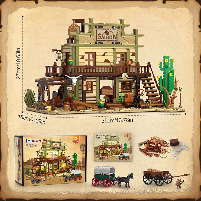 Western Saloon Building Set with LED Light, Wild West Building Block Toy 1727 PCS, Old West Construction Model with Horse Stable Carriage Cowboy Hat, House Building Kit for Adults Teens 12+
