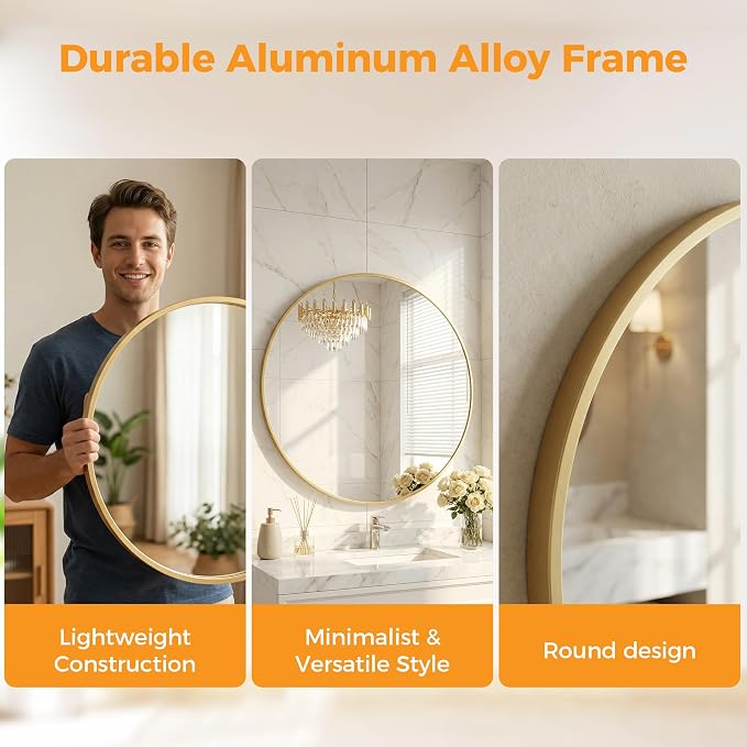 Sweetcrispy Round Bathroom Mirror for Over Sink, 30 Inch Wall Mounted Vanity Mirror with Matte Metal Frame, Decor for Bathroom, Entryway, Bedroom, Gold