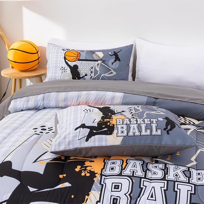 A Nice Night Comforter Set,6 Piece Bed-in-a-Bag with Comforter & Sheet Sets,Gray Background Basketball Court with Sportsman Slam Dunk Printing for Teen Boys,Queen
