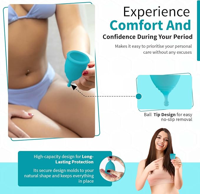 Angel's Peel Lounge Menstrual Cup for Women - 100% Medical-Grade Leak-Free Soft & Flexible Silicone Cup - 12 Hour Leak Protection Eco-Friendly & Reusable Period Cups for Women - Blue - Small