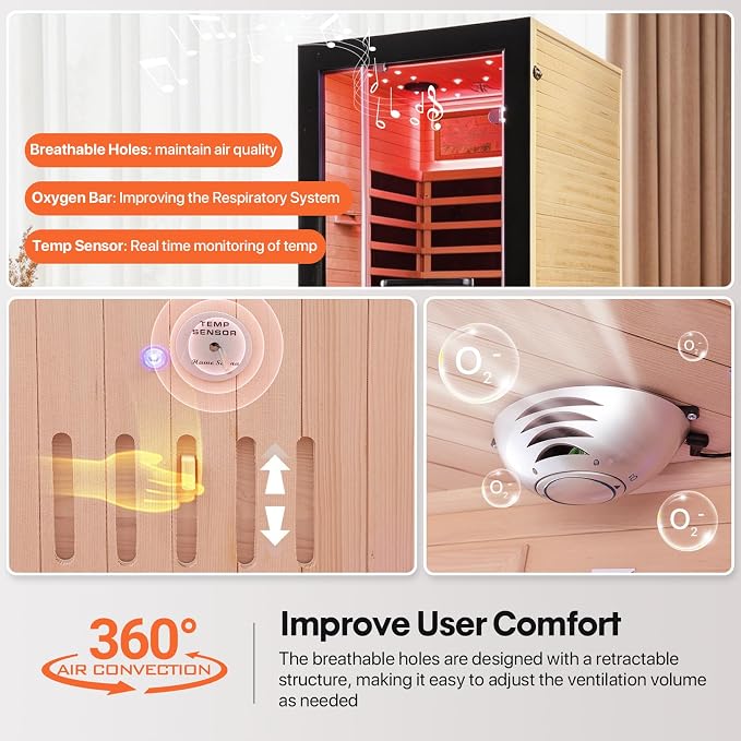 OUTEXER One Person Sauna Far Infrared Saunas Room Obeche Wood 1350W Dry Saunas Spa with 7 Starry Sky Light 35.4 * 35.4 * 70.8inch