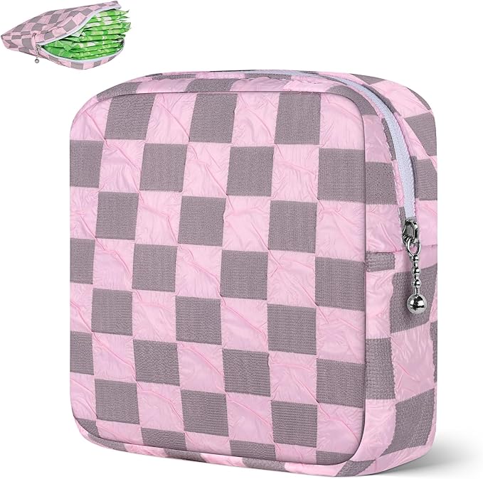 Sanitary Napkin Storage Bag Polyester Fabric Period Bag for Teen Girls Sanitary Pad Pouch for Sanitary Napkins/Tampons/Panty Liners Privacy Protector Pad Bag (Bubble-Check, Pink)
