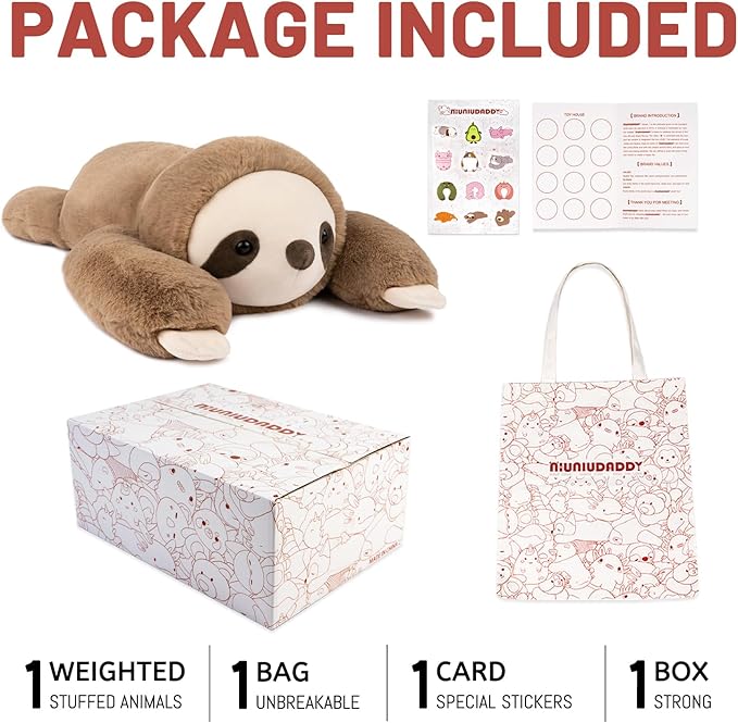Niuniu Daddy 26" | 5LB Sloth Weighted Stuffed Animals for Adults Kids, Large Brown Sloth Weighted Lap Animal Plush Toy, Giant Body Pillow with Bag Stickers as Gift for Christmas Birthday Holidays