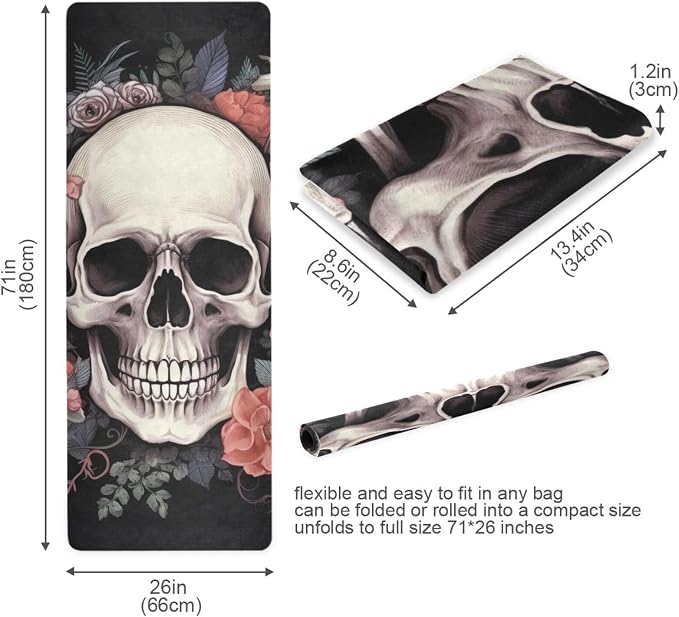 Skull Yoga Mat for Women Men 71" x 26" Non Slip Exercise & Fitness Mat 1mm Thick Workout Mat for Yoga, Pilates, Come with Storage Bag