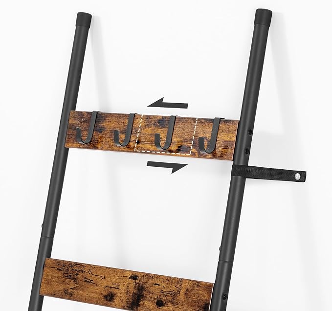 HOOBRO Blanket Ladder, 6-Tier Towel Rack with Hooks, Wall-Leaning Blanket Rack, Decorative Display Ladder Shelf, Scarves, Industrial, Living Room, Bedroom, Rustic Brown and Black BF66CJ01