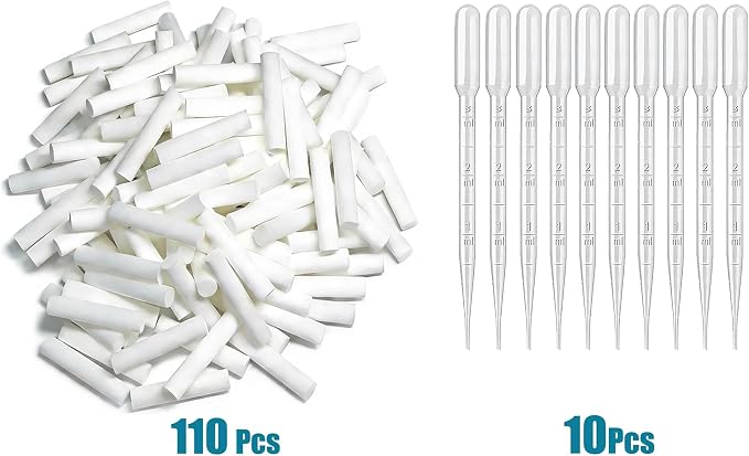110Pack Wick Essential Oil Inhaler Replacement Kit, 4 cm (1 5/8 inch) Blank Nasal Sticks,or Essential Oil Inhalers. 10 Mini Droppers. for Essential Oil Inhalers.