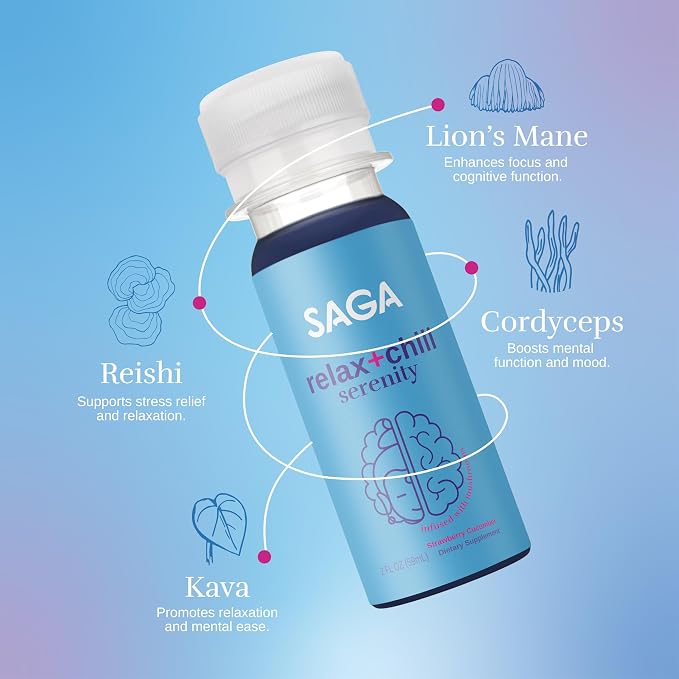 SAGA Serenity Organic Relaxation Shots with Kava, Lion’s Mane & Reishi | Fast-Acting Mushroom & Adaptogen Drink for Calm, Stress Relief & Mood Support | Vegan, Travel Size | Strawberry Cucumber