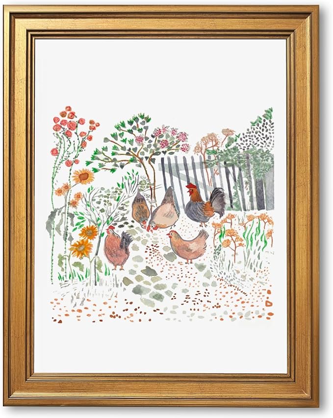 Framed Cottagecore Chicken Wall Art Painting Farmhouse Hens Print Rustic Country Farm Illustration Picture Poster Vintage Pastoral Canvas Artwork Aesthetic Cottage Home Kitchen Room Decor 8x10inch