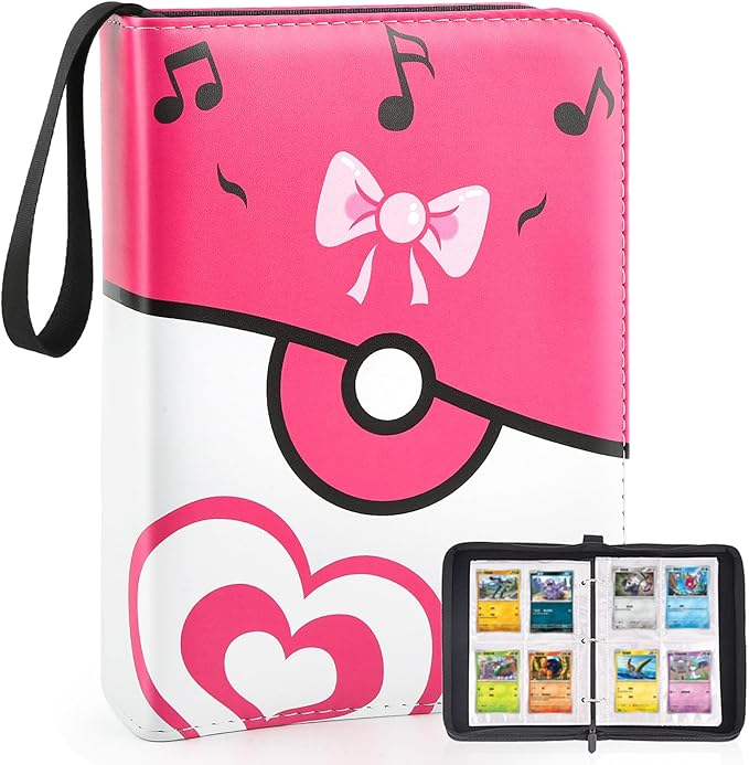4 Pockets Trading Card Binder, 400 Card Holders with 50 Removable Sleeves, Portable Card Binder Album with zipper, Card holder Book for Game, Sport Collection (Pink)