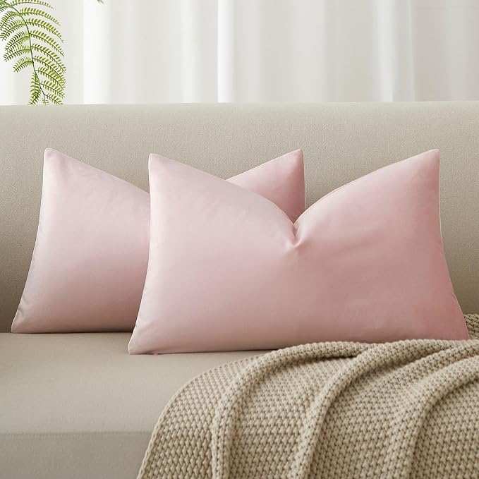 Pink 12x20 Throw Lumbar Pillow Covers Decorative Cushion Covers Set of 2 | Soft Velvet Pillow Cases with Invisible Zipper for Modern Couch Sofa Bed Living Room Bedroom Home Decor