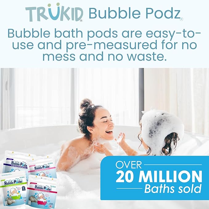 TruKid Bubble Podz Bubble Bath for Kids, Toddlers, & Babies, Tear Free Gentle & Refreshing Bath Bomb for Sensitive Skin with Natural Moisturizers, Non-Toxic, pH Balanced, Strawberry Scent (24 Podz)