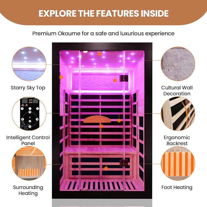 2 Person Infrared Sauna Far Infrared Sauna Room for Home Indoor 2000W Low-EMF Wood Dry Sauna with Full Starry Sky Lights Ceiling in 7 Color Speaker Fast Heating Easy Assembly- 47.3*41.3*74.8 IN