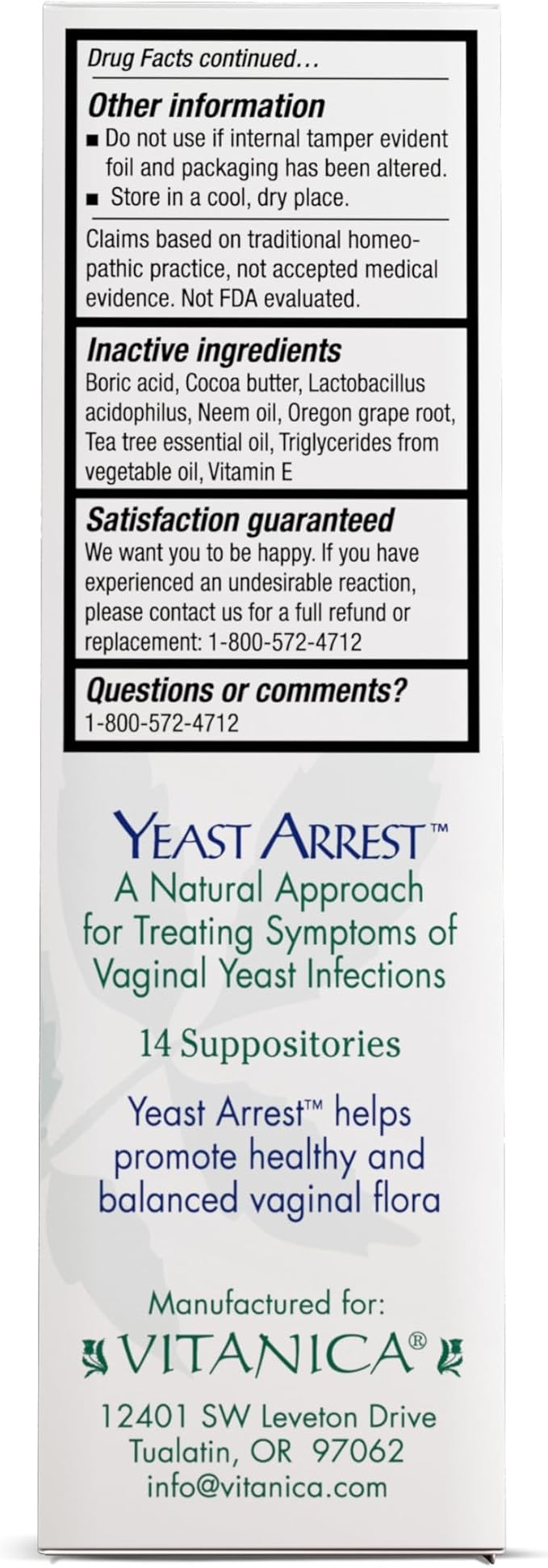 Vitanica Yeast Arrest, Homeopathic Vaginal Suppositories,Yeast Infection Symptoms, Relieves Burning, Itching & Discharge, with Boric Acid, Tea Tree Oil & Probiotics, Vegan (Yeast Arrest Pro Logo, 14)