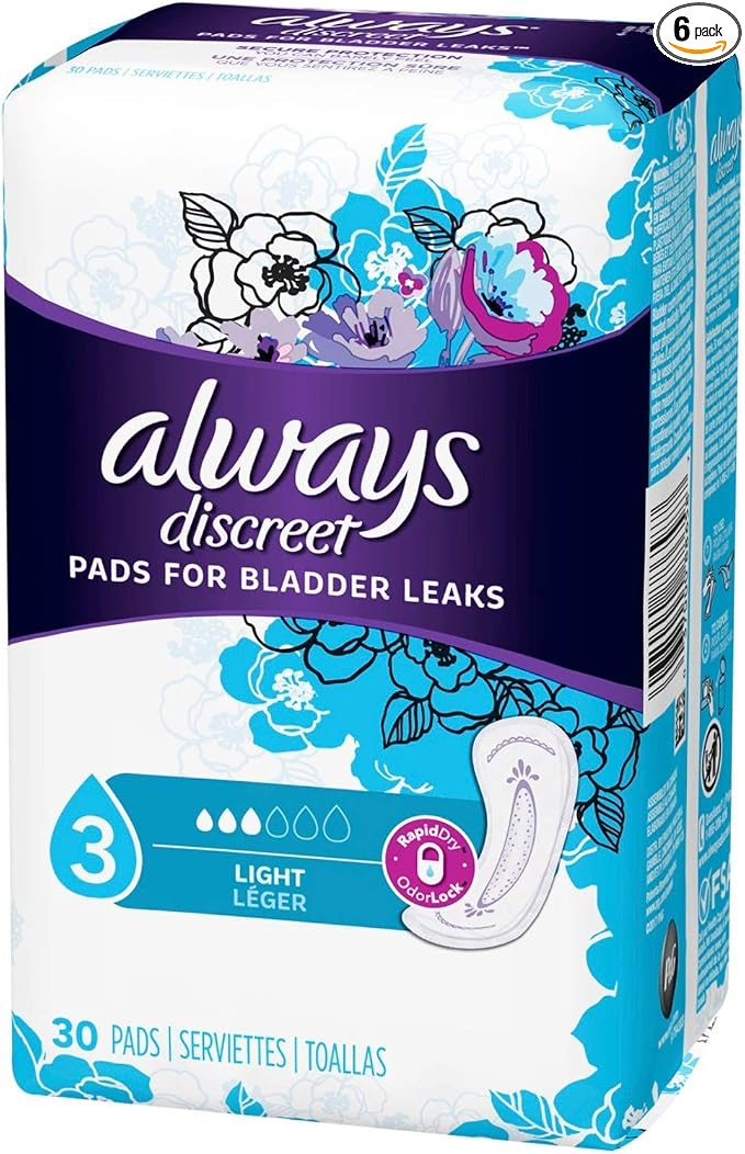 Always Discreet, Incontinence Light Pads, 3 Drops, 30 Pads each (Value Pack of 6)