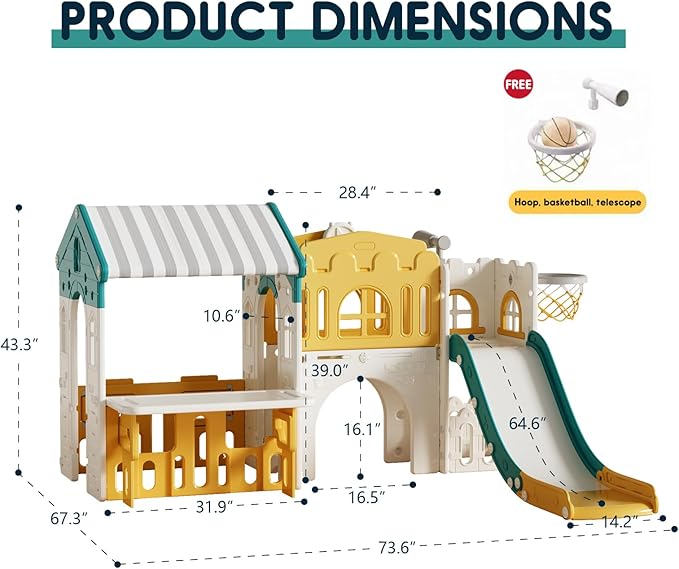 Playground Playsets Outdoor Playhouse 10 in 1 Toddler Slide with Rock Climber with Basketball, Hoop, Storage, playroom Upgraded