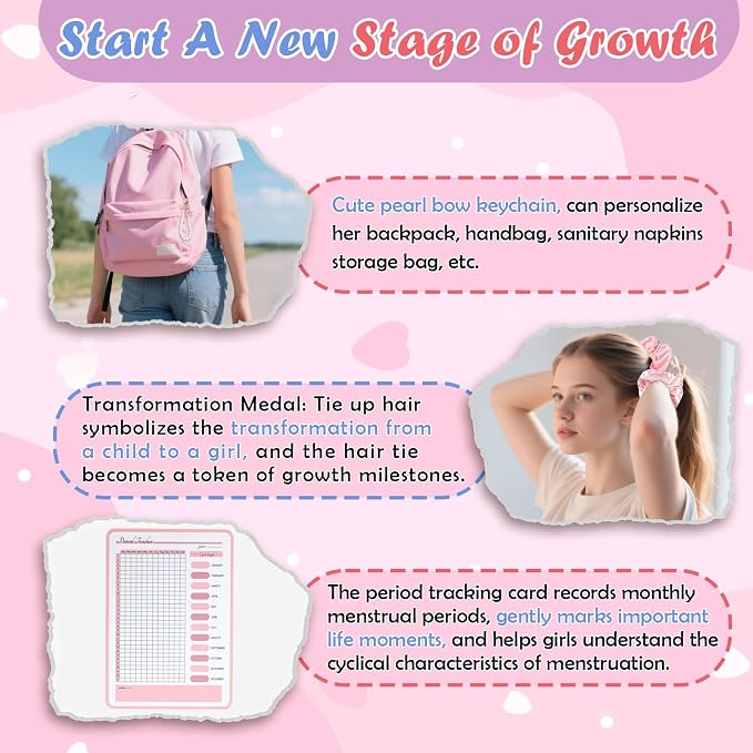 22 PCS First Period Starter Kit Gift for Teen Girls Period Bags for Teen Tweens Girls with Sanitary Pad Storage Bag, Wipes, Menstrual Tracker, Disposal Pouches and More (Pink Floral)