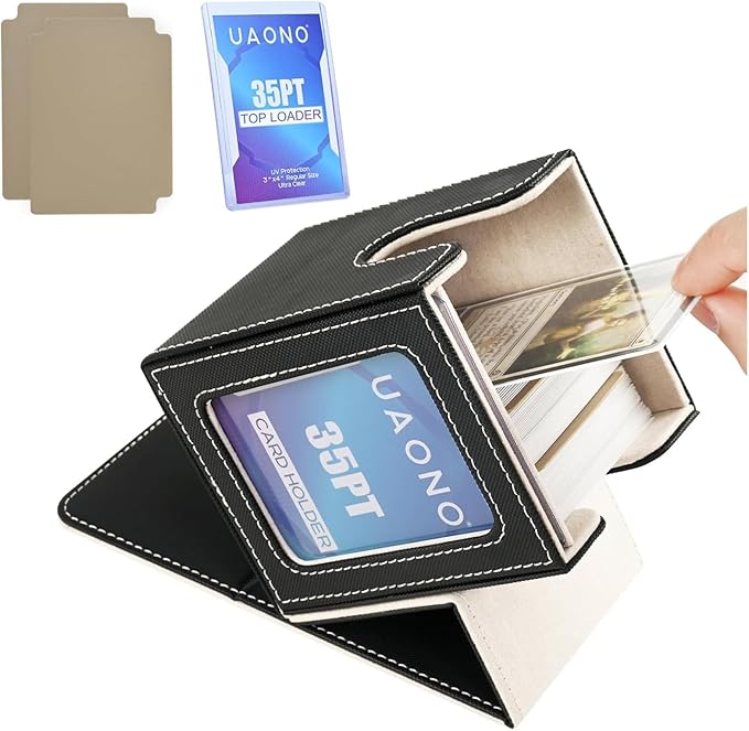 UAONO Card Deck Box with MTG Commander Display, Deck Case Holds 100+ Double-Sleeved Cards, Trading Card Storage Box Fits TCG/PTCG/Sports Card with 2 Dividers, 1 Top Loaders (Black, Gold)