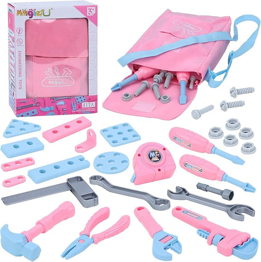 Magic4U Kids Tool Set with Tool Bag & Tape Measure, Toddler Tool Set Pretend Play Construction Toys,Ideal Birthday for Kids Age 3-6 Years Old (Pink)