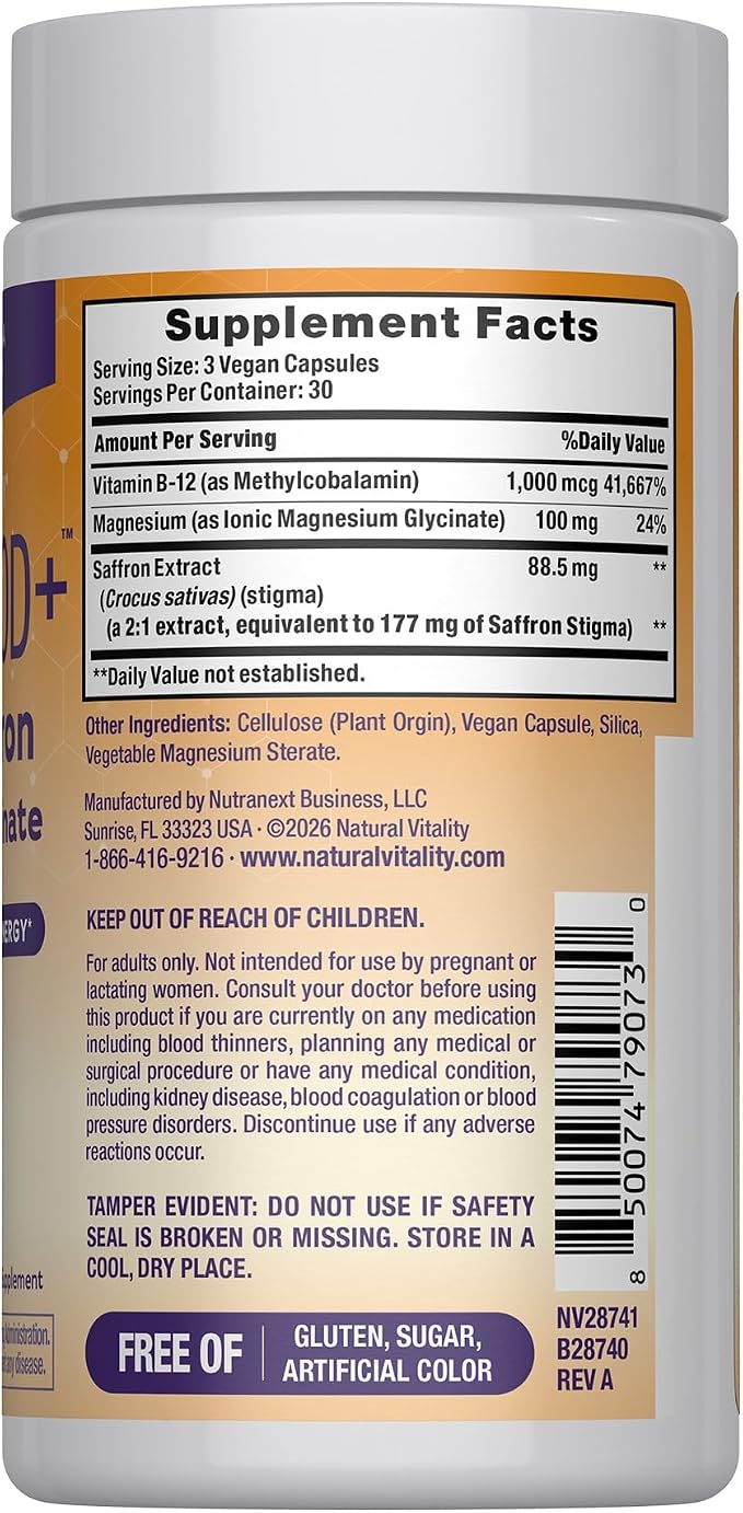 Natural Vitality Calm Mood | Happy Saffron Magnesium Glycinate Capsules | Supplement Helps Maintain Positive Mood | Non-GMO, Vegan & Gluten Free Formula | 90 Count