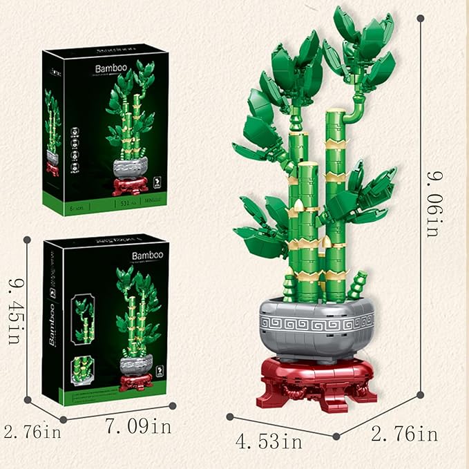 Botanicals Bamboo Building Set, Simulated Green Artificial Plant Decoration Mini Brick, Home and Office Ornament, 531pcs Gift for Adults Ages 6+