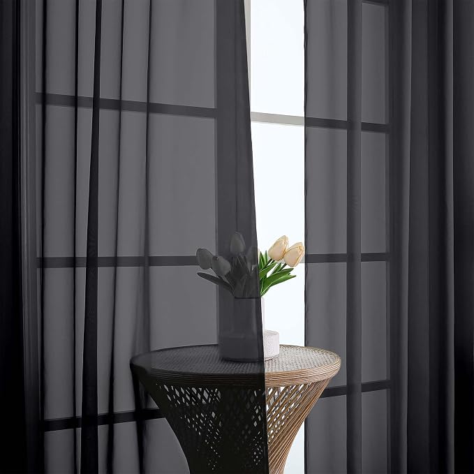 OWENIE Black Sheer Curtains 68 Inch Length 2 Panels Set for Bedroom Living Room, Light Filtering Voile Sheer Curtains, Airy Rod Pocket Farmhouse Curtain, Black, Each 42Wx68L inch