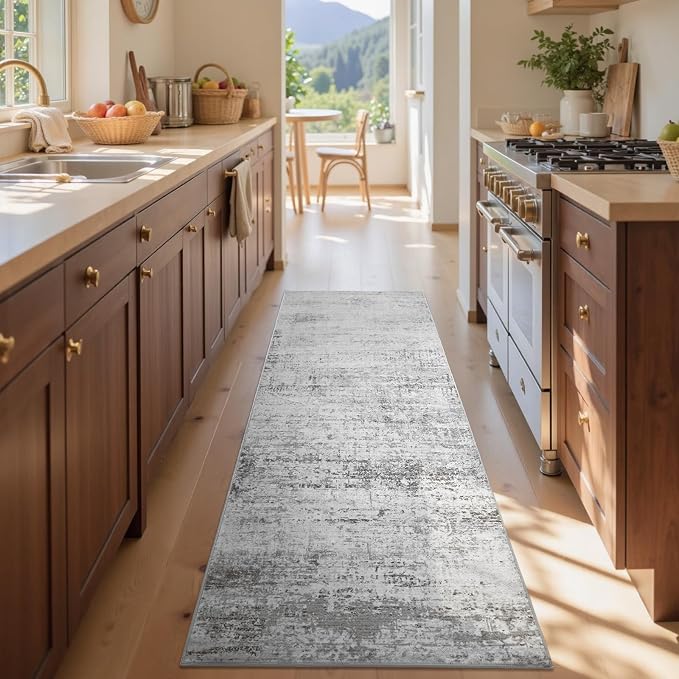 2x6 Ft Washable Runner Rug, Non-Slip Low Pile Hallway Kitchen Area Rug, Soft Long Entryway Floor Mat Abstract Pattern Carpet for Bedside & High-Traffic Areas (Grey)