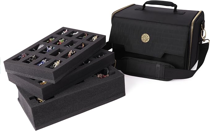 ENHANCE Miniature Figure Satchel - Compact Storage & Carrying Case for DnD Miniatures with Strap, 3 Foam Trays (2 Pre-Cut and 1 Pick & Pluck Tray) - Fits 20mm to 25mm Figures (Small - Standard Base)