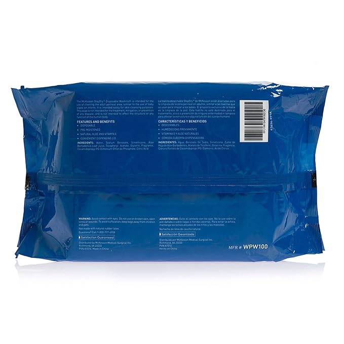 McKesson StayDry Pre-Moistened Disposable Wipe - Large Adult Body and Incontinence Washcloths with Aloe and Vitamin E, Alcohol-Free, 50 Wipes Per Pack