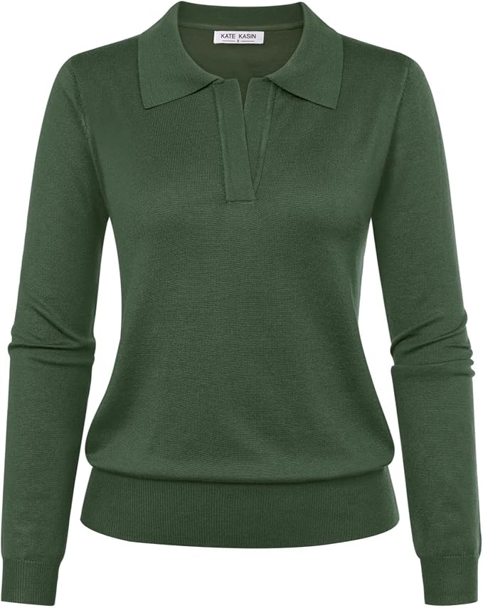 Women's Long Sleeve Classic V Neck Casual Fall Winter Polo Sweater Tops | Basic Collared Knitted Fashion Work Business Formal Daily Wear Versatile Pullover Shirts