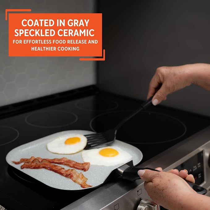IMUSA 10.5 Inch Premier Cera Aluminum Speckled Gray Ceramic Square Grill | Ideal for Pan Frying and Sautéing