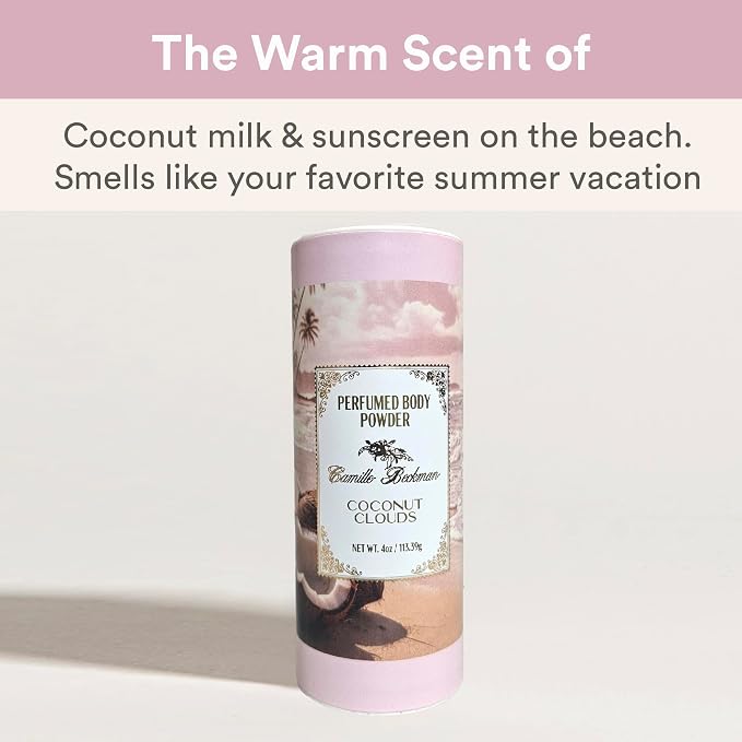 Coconut Clouds Scented Talc-Free Body Powder, Perfumed Dusting Powder, Camille Beckman, 4 Ounce
