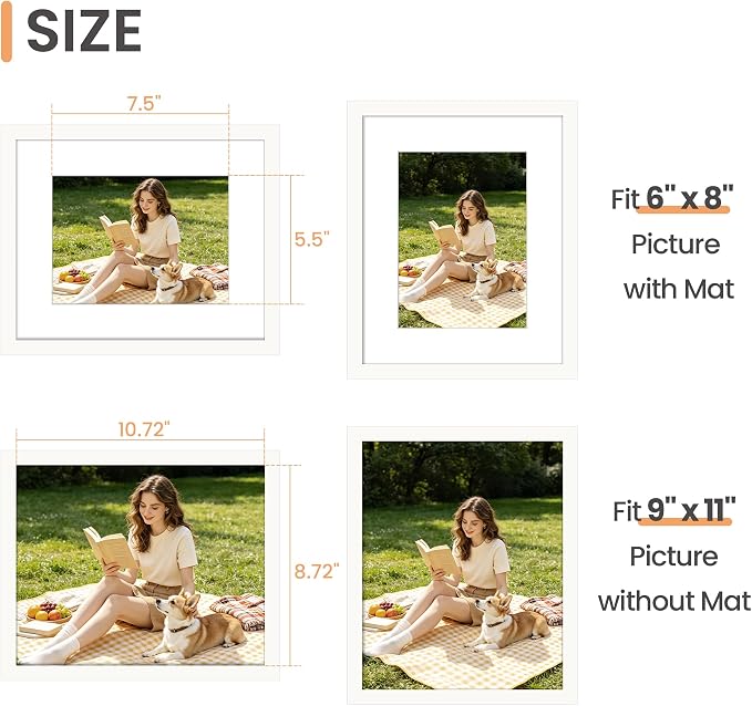 upsimples 9x11 Picture Frame, Display Pictures 6x8 with Mat or 9x11 Without, Wall Hanging Photo Frame, White, 1 Pack