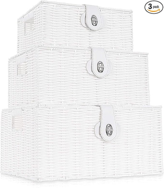 Set of 3 Woven Wicker Storage Basket Box with Lids & Lock, Built-in Carry Handles, Multifunctional Storage Organizer for Nursery, Baby, Clothes, Toys, Books, Large/Medium/Small Size (White)