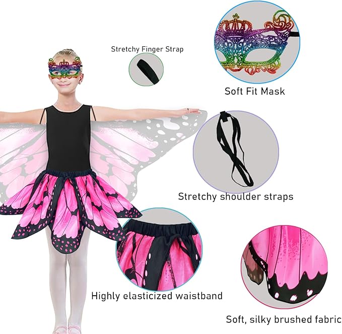 Kids Butterfly Wings Costume for Girls Fairy-Wings Mask Party Favors Gifts (Pink+skirt sets)
