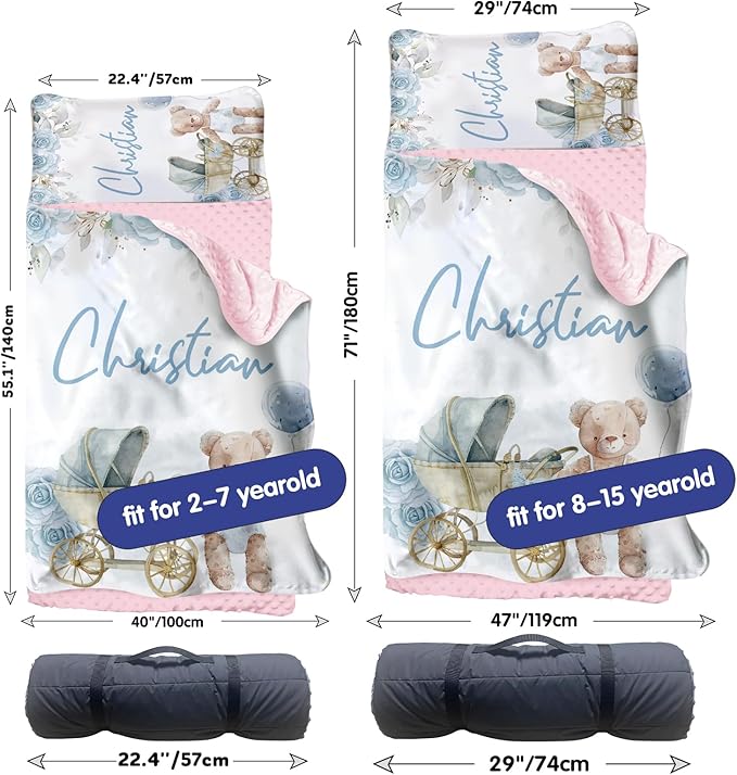 Personalized Toddler Nap Mat for Girls – Custom Name Kids Nap Mat – Daycare Sleeping Mats with Removable Pillow and Soft Minky Dot Blanket for Preschool, Travel, Kindergarten