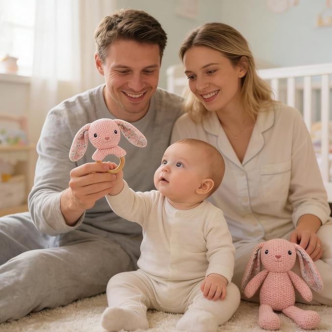 Pink Bunny Wooden Baby Rattle 2 PCS 10'' Rabbit Crochet Cotton Stuffed Animal Toys Set for Baby: Rabbit Plush Doll Toy and 5.9'' Baby Rattle Teddy Bear for Newborn Baby Shower Birthday Gift