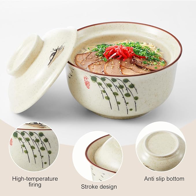 LemonRoad 4 Pack 25oz Japanese Dinnerware Set Ceramic Ramen Bowl with Lid Microwavable with Chopsticks and Spoon Korean Soup Bowl Clay Pot for Noodle Rice Porridge(Retro Mixed)