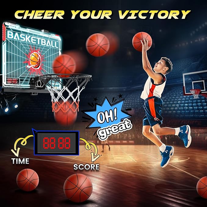 EagleStone Mini Indoor Basketball Hoop with Scoreboard,4 Balls & Pump,Over The Door Bedroom Office Basketball Hoop for 6 7 8 9 10 11 12+ Year Old Kids Boys