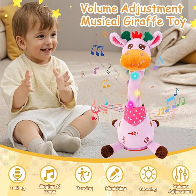 Dancing Talking Singing Giraffe Baby Toy, Tummy Time Toy Giraffe Stuffed Animal with Volume Adjustment, Singing 10 Children's Songs Light Up Toys, Repeating What You Say (Cute Purple)