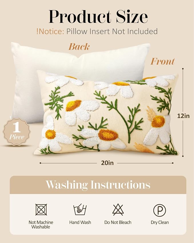 Embroidered Lumbar Pillow Cover - 20x12 Decorative Pillow Cover with Zipper Aesthetic Cute Design Boho Spring Summer Cozy Throw Pillowcase for Living Room Couch Sofa Bed, Daisy