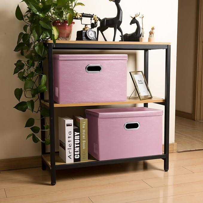Large Stackable Storage Bins with Lids [3-Pack] Leather Fabric Foldable Storage Boxes Organizer Containers Baskets Cube with Cover for Bedroom Closet Office Nursery Pink (17.7x11.8x11.8)
