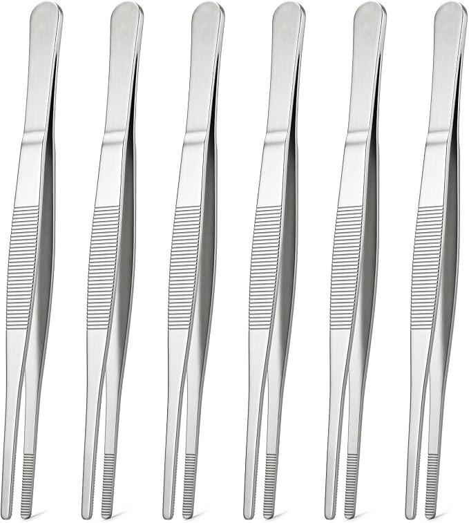 Kitchen Tweezers Bar Tweezers 8 In Long Cooking Tweezer 6 Pcs | Stainless Steel Garnish Tongs for Cooking Metal Tongs Reptile Feeding Tong Kitchen Tong for Korean Barbecue Cocktail
