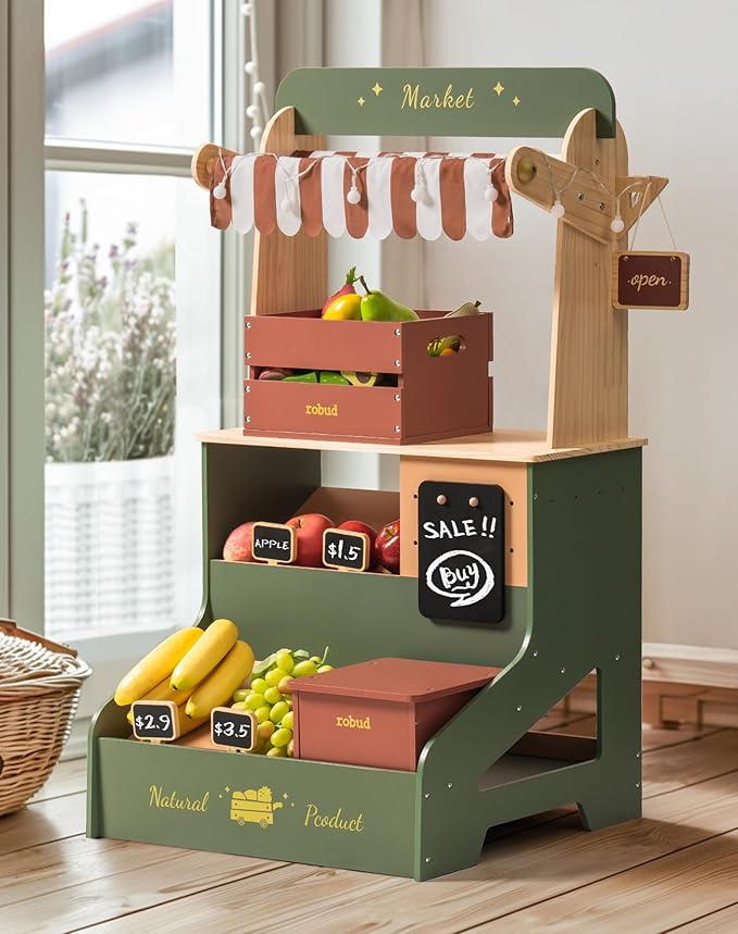 ROBUD Pretend Play Grocery Store with Lights, Supermarket Playset for Kids, Interactive Wooden Play Market Stand, Gift for 3+ Kids Boys Girls (Vintage Green)