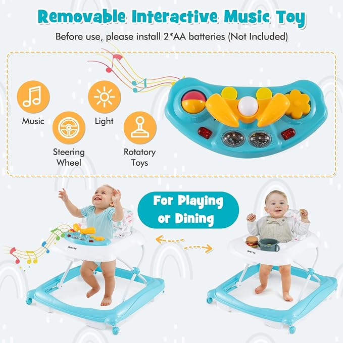 HONEY JOY Baby Walker, 5 in 1 Infant Activity Walker with Wheels, Music, Removable Cushion, Toddler Foldable Push Walker for Boys Girls, Anti-Rollover Walkers for Babies 7-14 Months (Green)