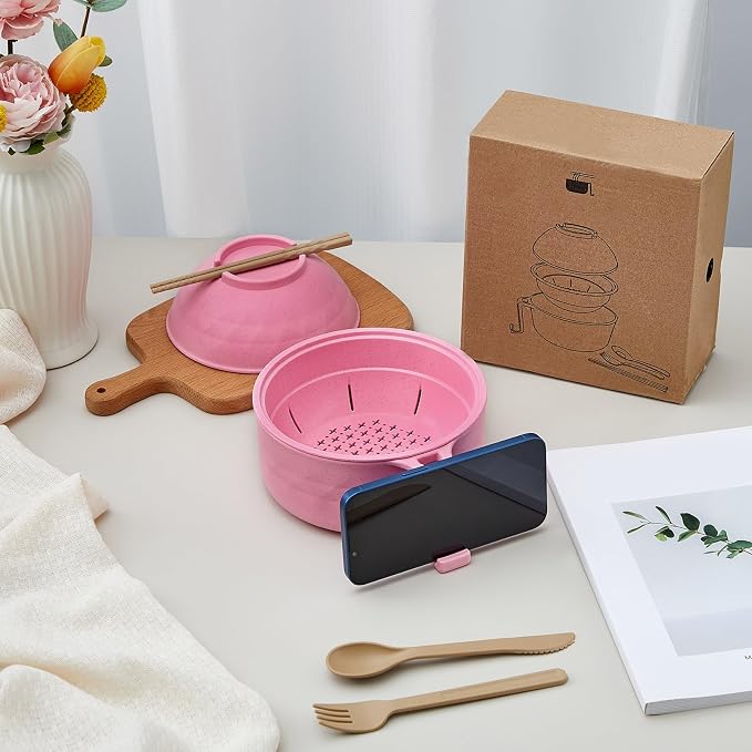 1 Set Microwave Ramen Cooker 40oz Wheat Straw Microwave Noodle Bowl Set with Chopsticks, Spoon, Fork, College Dorm Office Apartment Essentials (Pink)