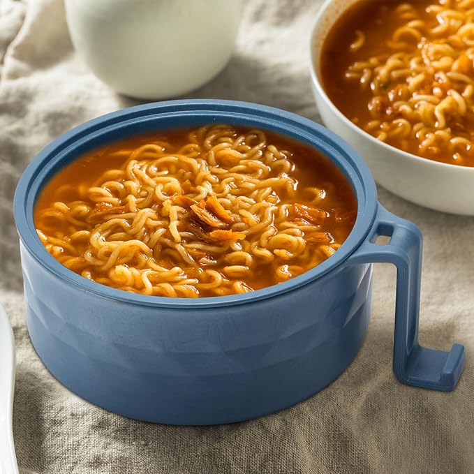 1 Set Microwave Ramen Cooker 40oz Wheat Straw Microwave Noodle Bowl Set with Chopsticks, Spoon, Fork, College Dorm Office Apartment Essentials (Dark Blue)