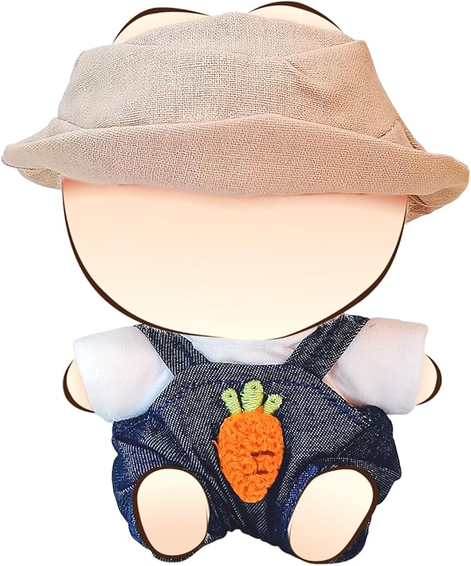Doll Clothes for 17cm Dolls, Cute Outfit Set with Accessories, Bucket Hat and Overalls (No Doll) (Carrot Overalls Set)